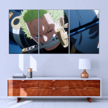 One Piece Canvas Wall Art - Roronoa Zoro Three Sword Style 5 Piece Split Panel Anime Poster - Framed Ready to Hang Living Room, Man Cave Decor - OP5082