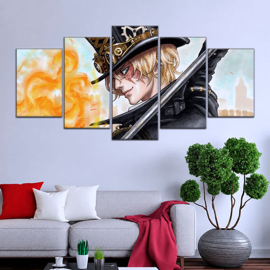 One Piece Canvas Wall Art - Sabo Fire Fist 5 Piece Split Panel Anime Poster - Framed Ready to Hang Living Room & Man Cave Decor - OP5083