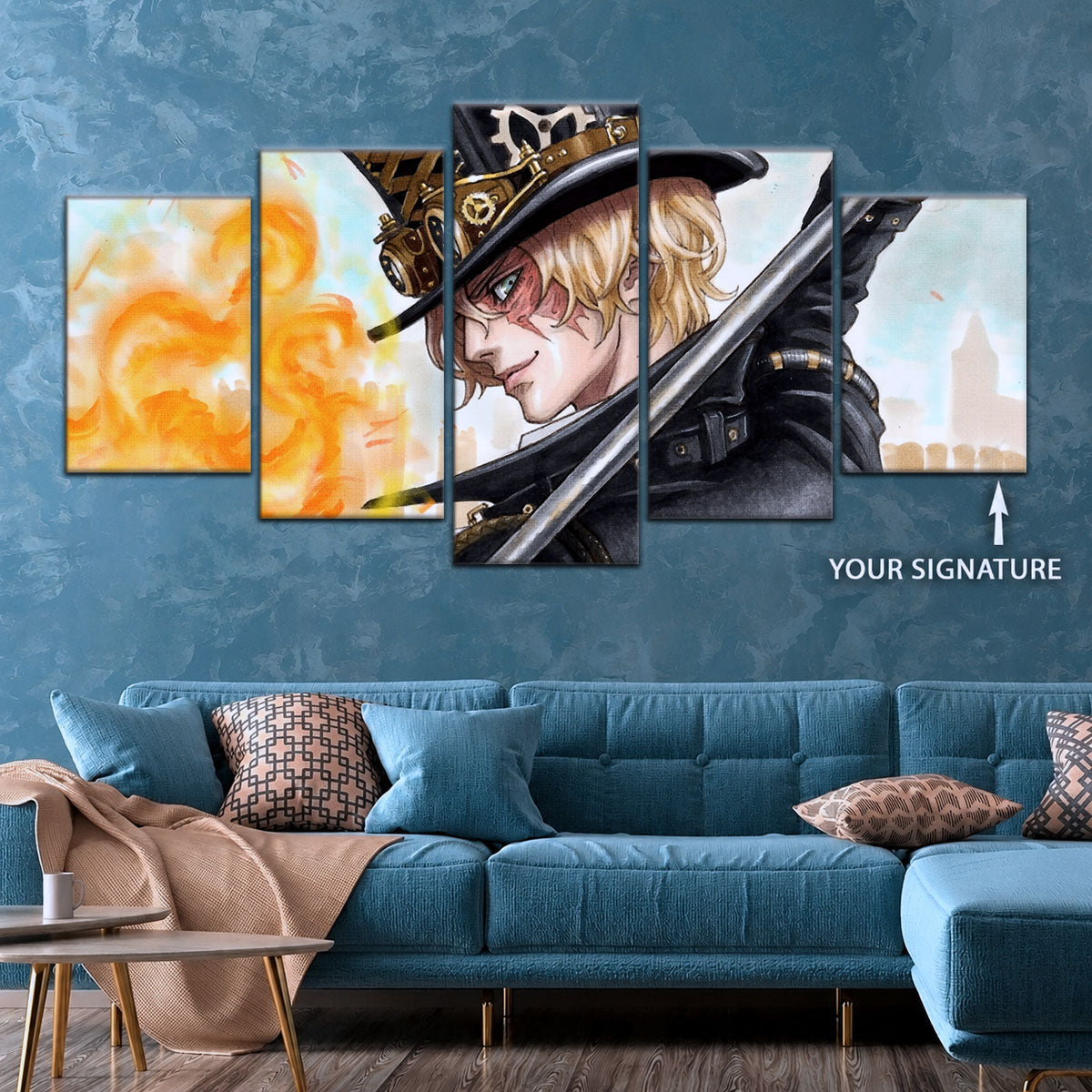 One Piece Canvas Wall Art - Sabo Fire Fist 5 Piece Split Panel Anime Poster - Framed Ready to Hang Living Room & Man Cave Decor - OP5083