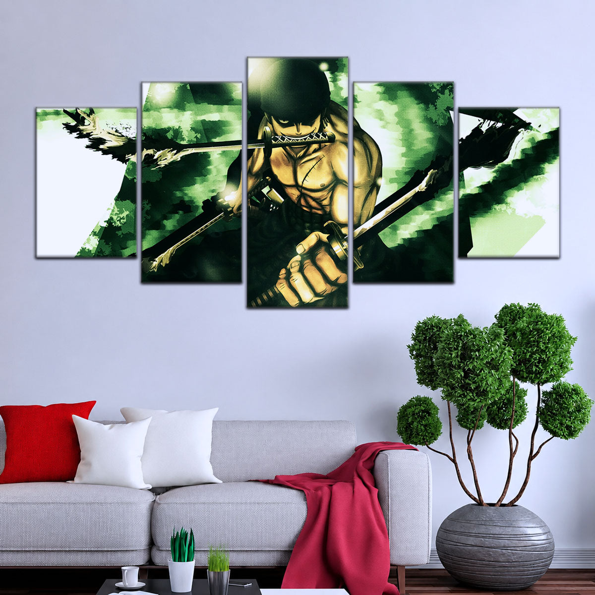 One Piece Canvas Wall Art - Roronoa Zoro Three Sword Style 5 Piece Split Panel Anime Poster - Framed Ready to Hang Living Room & Man Cave Decor - OP5085