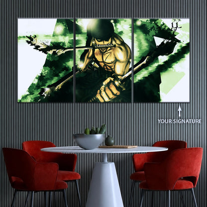 One Piece Canvas Wall Art - Roronoa Zoro Three Sword Style 5 Piece Split Panel Anime Poster - Framed Ready to Hang Living Room & Man Cave Decor - OP5085