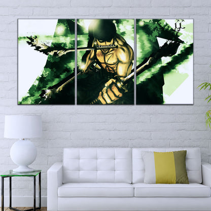 One Piece Canvas Wall Art - Roronoa Zoro Three Sword Style 5 Piece Split Panel Anime Poster - Framed Ready to Hang Living Room & Man Cave Decor - OP5085