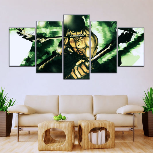 One Piece Canvas Wall Art - Roronoa Zoro Three Sword Style 5 Piece Split Panel Anime Poster - Framed Ready to Hang Living Room & Man Cave Decor - OP5085