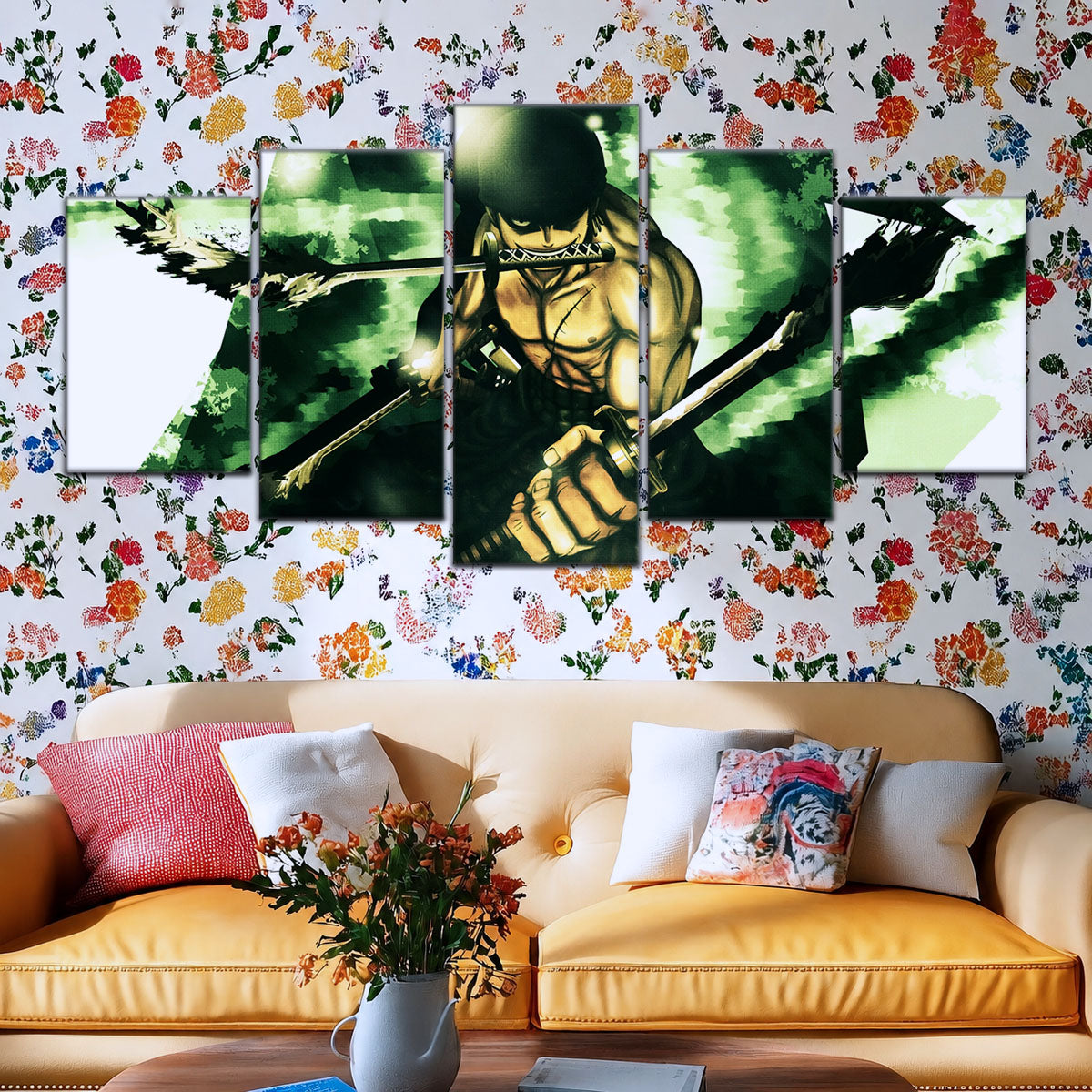 One Piece Canvas Wall Art - Roronoa Zoro Three Sword Style 5 Piece Split Panel Anime Poster - Framed Ready to Hang Living Room & Man Cave Decor - OP5085