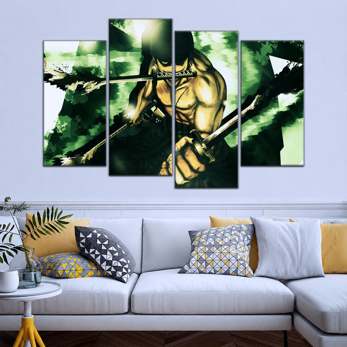 One Piece Canvas Wall Art - Roronoa Zoro Three Sword Style 5 Piece Split Panel Anime Poster - Framed Ready to Hang Living Room & Man Cave Decor - OP5085