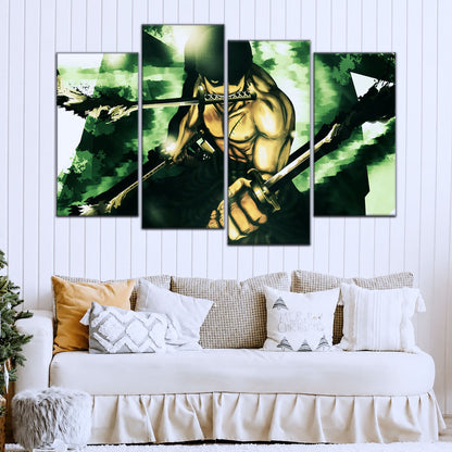 One Piece Canvas Wall Art - Roronoa Zoro Three Sword Style 5 Piece Split Panel Anime Poster - Framed Ready to Hang Living Room & Man Cave Decor - OP5085