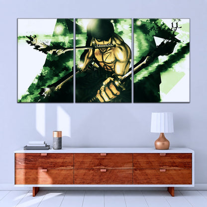One Piece Canvas Wall Art - Roronoa Zoro Three Sword Style 5 Piece Split Panel Anime Poster - Framed Ready to Hang Living Room & Man Cave Decor - OP5085