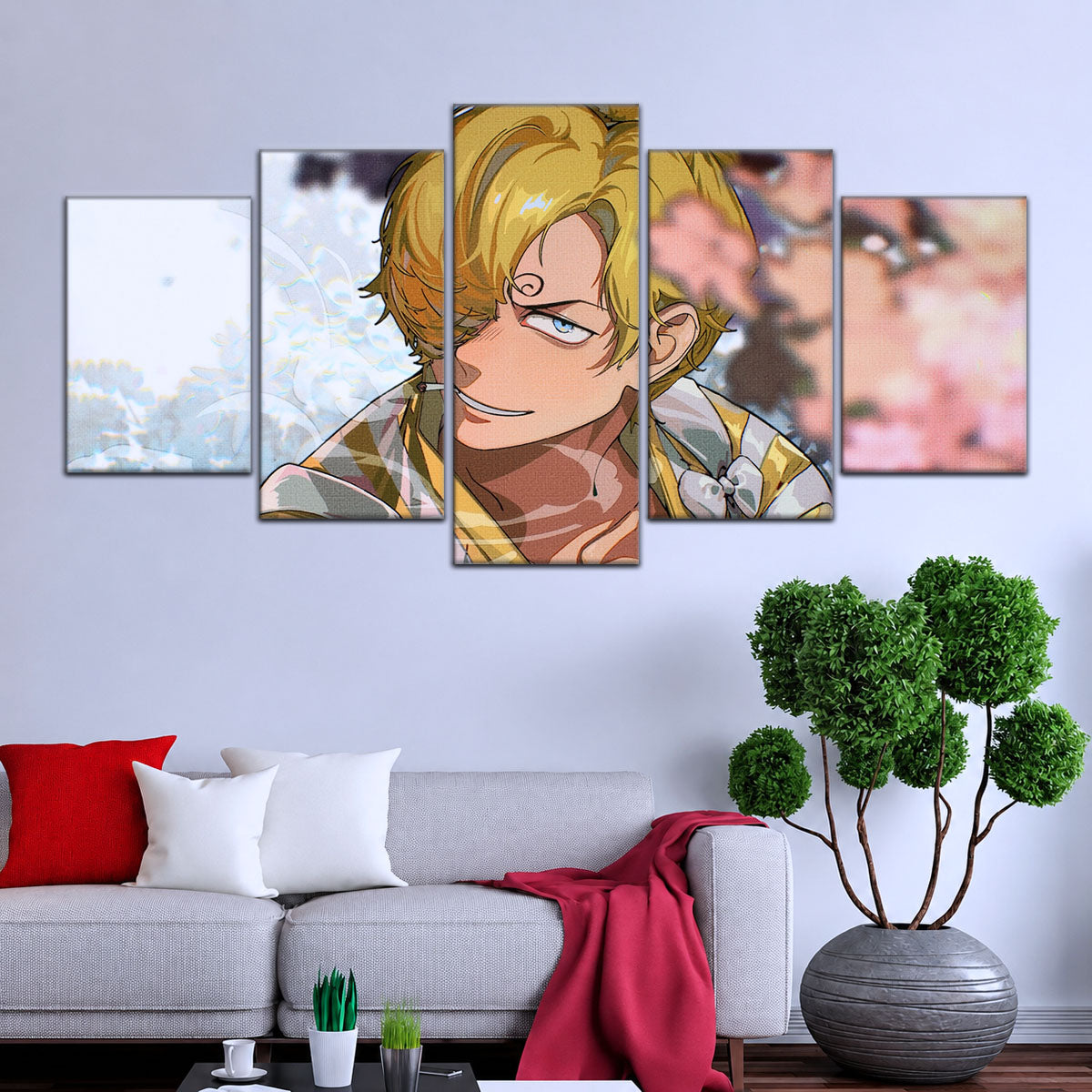 One Piece Canvas Wall Art - Sanji in Bloom Stunning 5 Piece Split Panel Anime Poster - Framed Ready to Hang Living Room & Man Cave Decor - OP5086