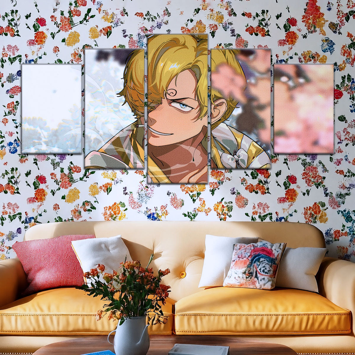 One Piece Canvas Wall Art - Sanji in Bloom Stunning 5 Piece Split Panel Anime Poster - Framed Ready to Hang Living Room & Man Cave Decor - OP5086