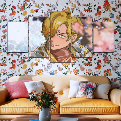 One Piece Canvas Wall Art - Sanji in Bloom Stunning 5 Piece Split Panel Anime Poster - Framed Ready to Hang Living Room & Man Cave Decor - OP5086