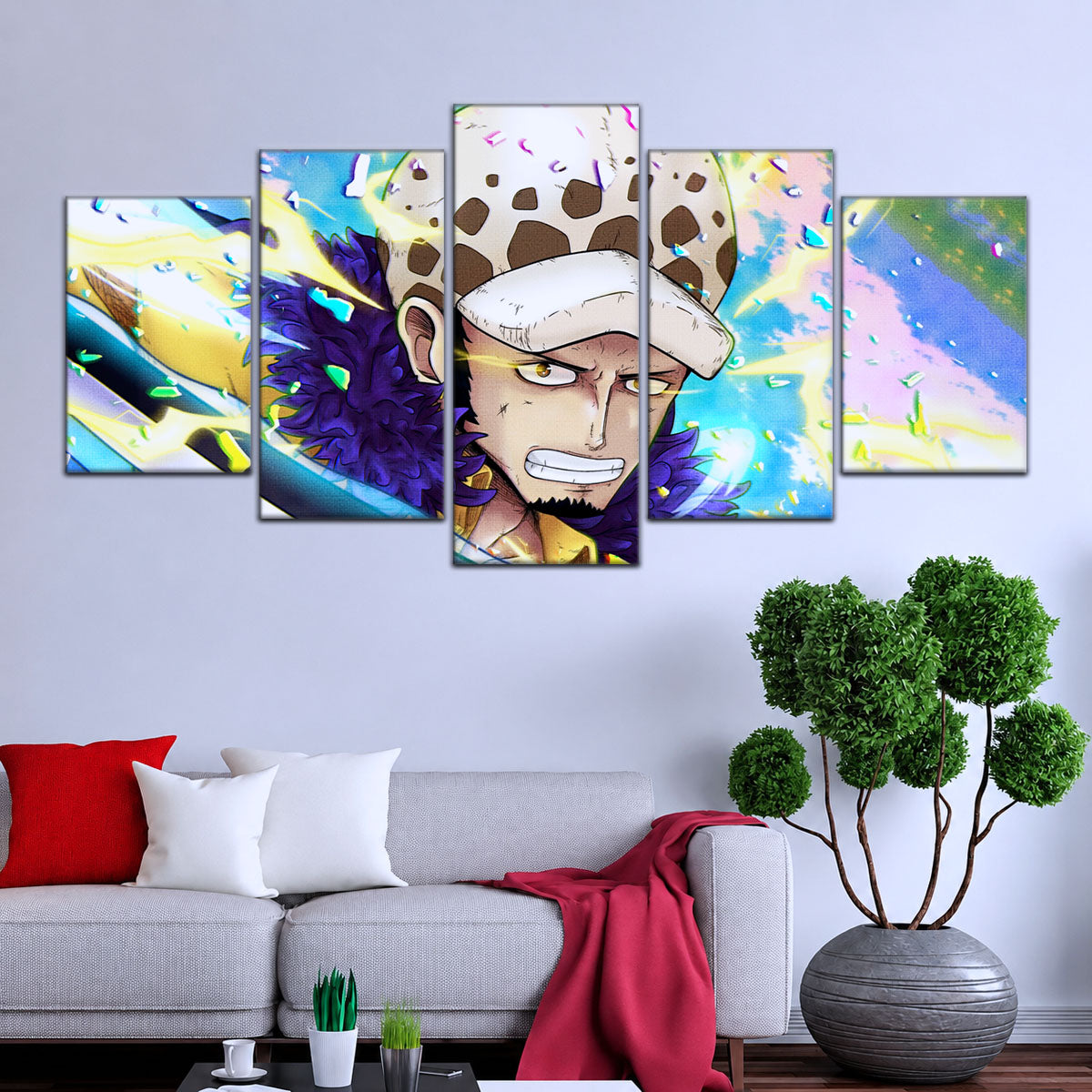 One Piece Canvas Wall Art - Trafalgar Law Room Shambles 5 Piece Split Panel Anime Poster - Framed Ready to Hang Living Room & Man Cave Decor - OP5094