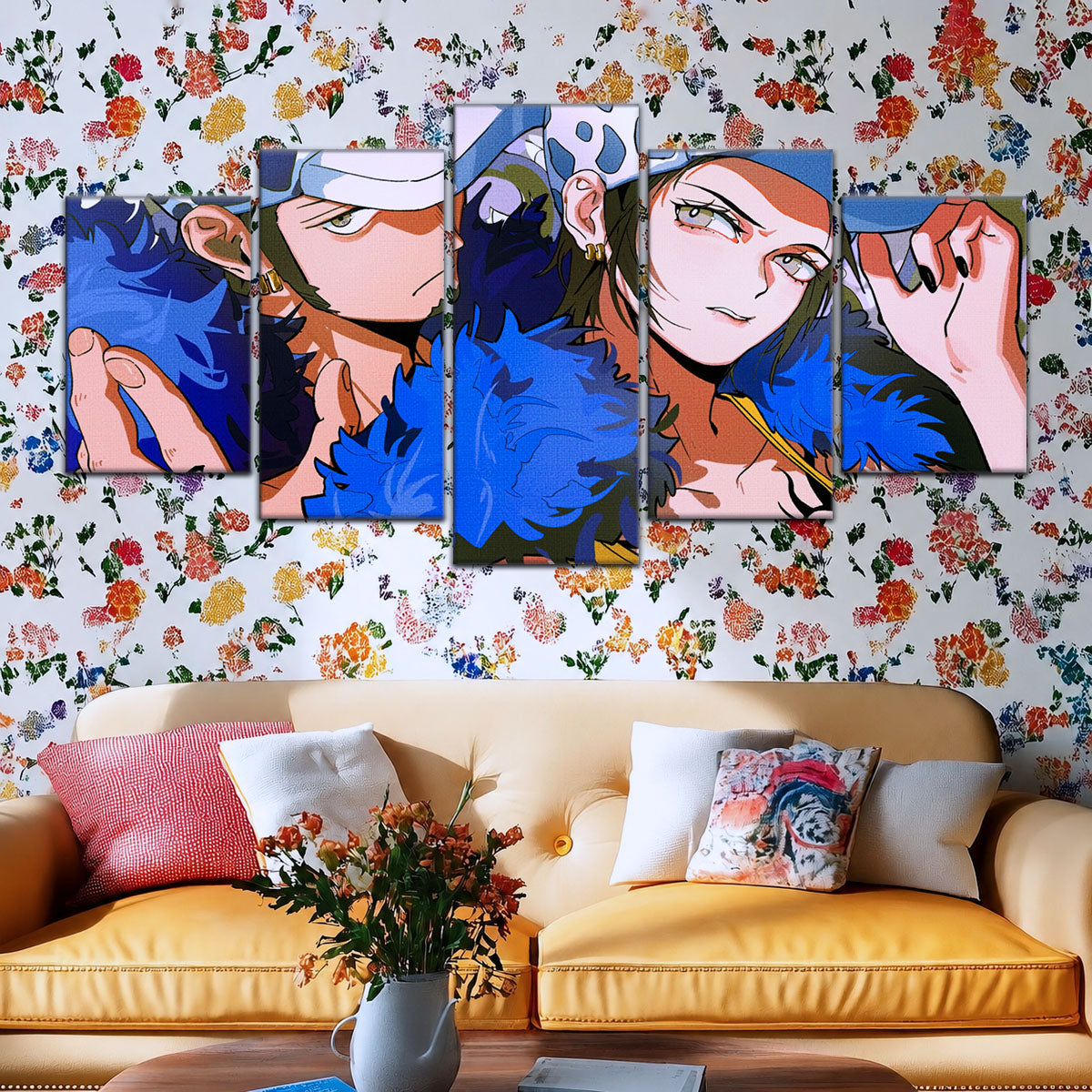 One Piece Canvas Wall Art - Trafalgar Law Room Shambles 5 Piece Split Panel Anime Poster - Framed Ready to Hang Living Room & Man Cave Decor - OP5095