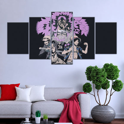 One Piece Canvas Wall Art - Luffy, Law & Doflamingo 5 Piece Split Panel Anime Poster - Framed Ready to Hang Living Room & Man Cave Decor - OP5097