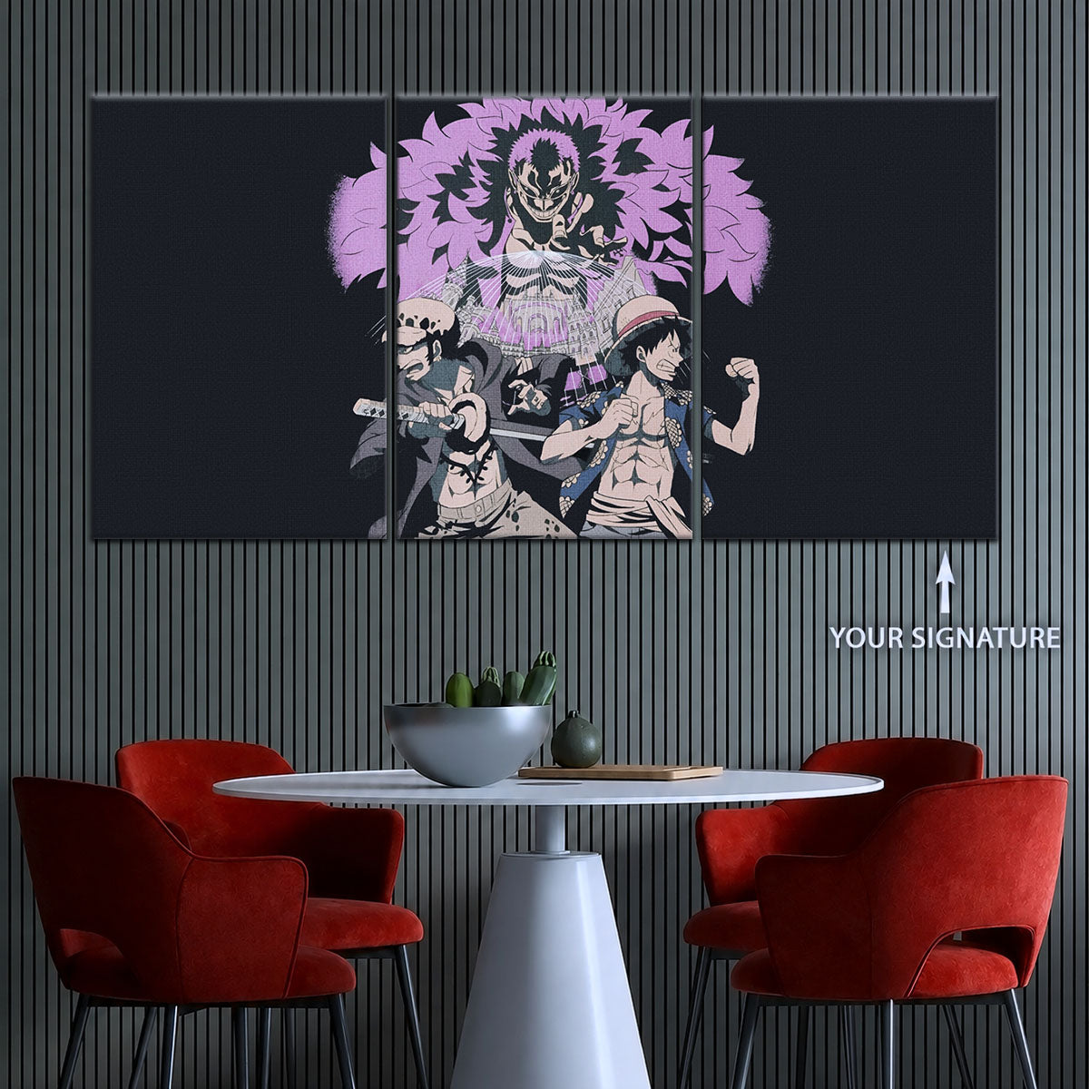 One Piece Canvas Wall Art - Luffy, Law & Doflamingo 5 Piece Split Panel Anime Poster - Framed Ready to Hang Living Room & Man Cave Decor - OP5097