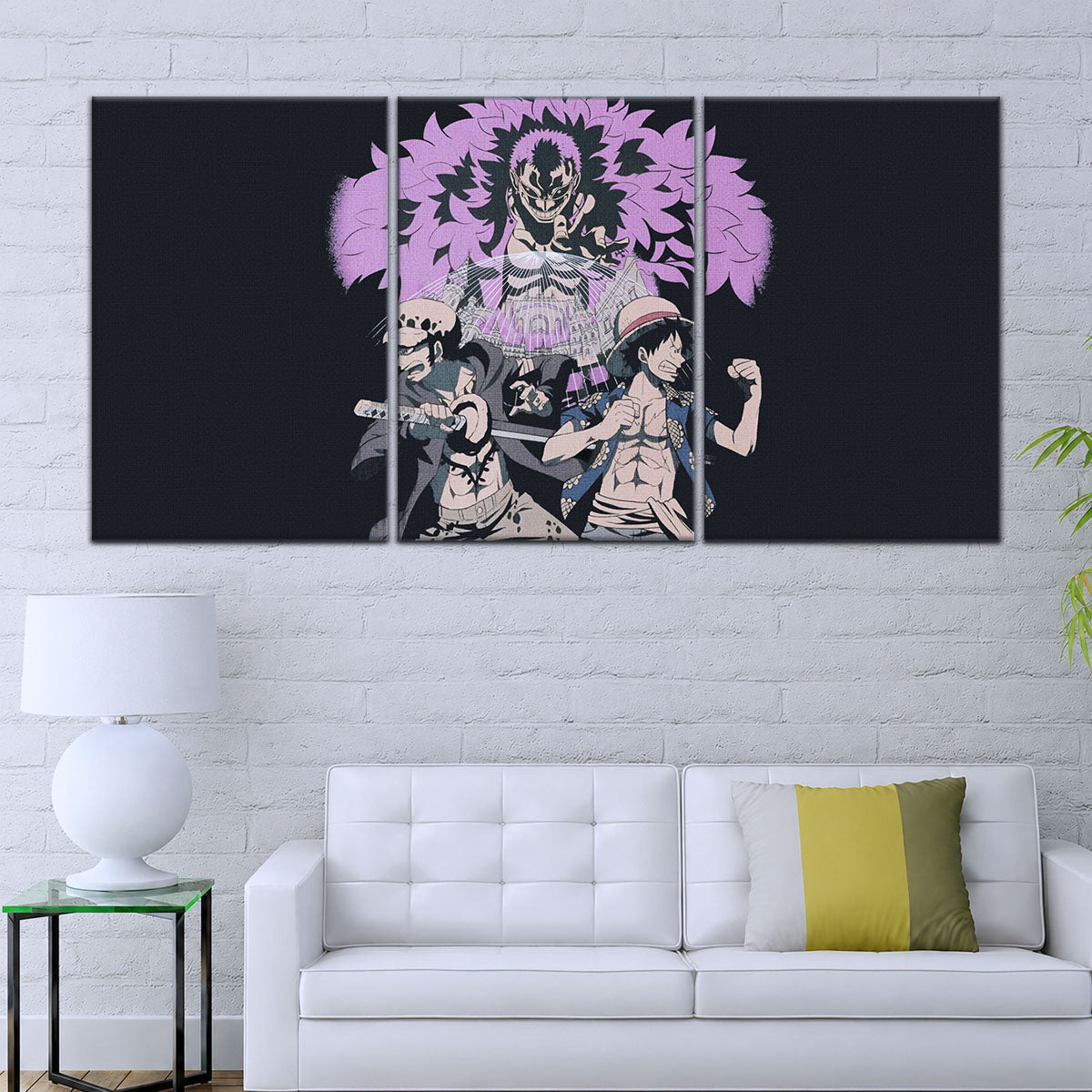 One Piece Canvas Wall Art - Luffy, Law & Doflamingo 5 Piece Split Panel Anime Poster - Framed Ready to Hang Living Room & Man Cave Decor - OP5097