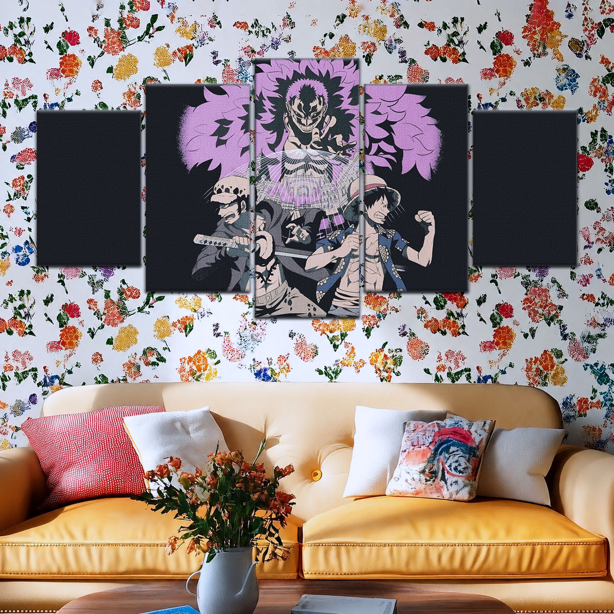 One Piece Canvas Wall Art - Luffy, Law & Doflamingo 5 Piece Split Panel Anime Poster - Framed Ready to Hang Living Room & Man Cave Decor - OP5097