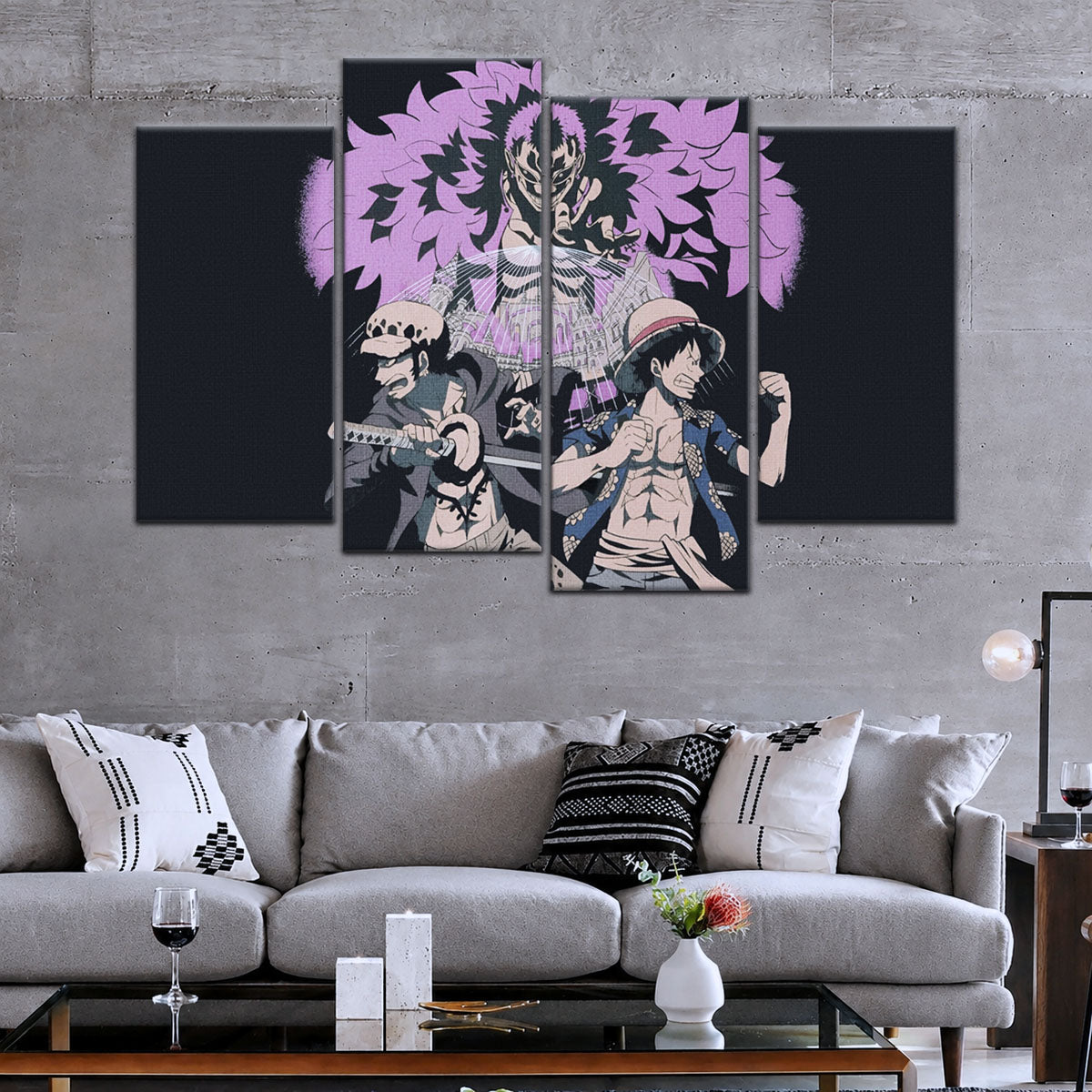 One Piece Canvas Wall Art - Luffy, Law & Doflamingo 5 Piece Split Panel Anime Poster - Framed Ready to Hang Living Room & Man Cave Decor - OP5097
