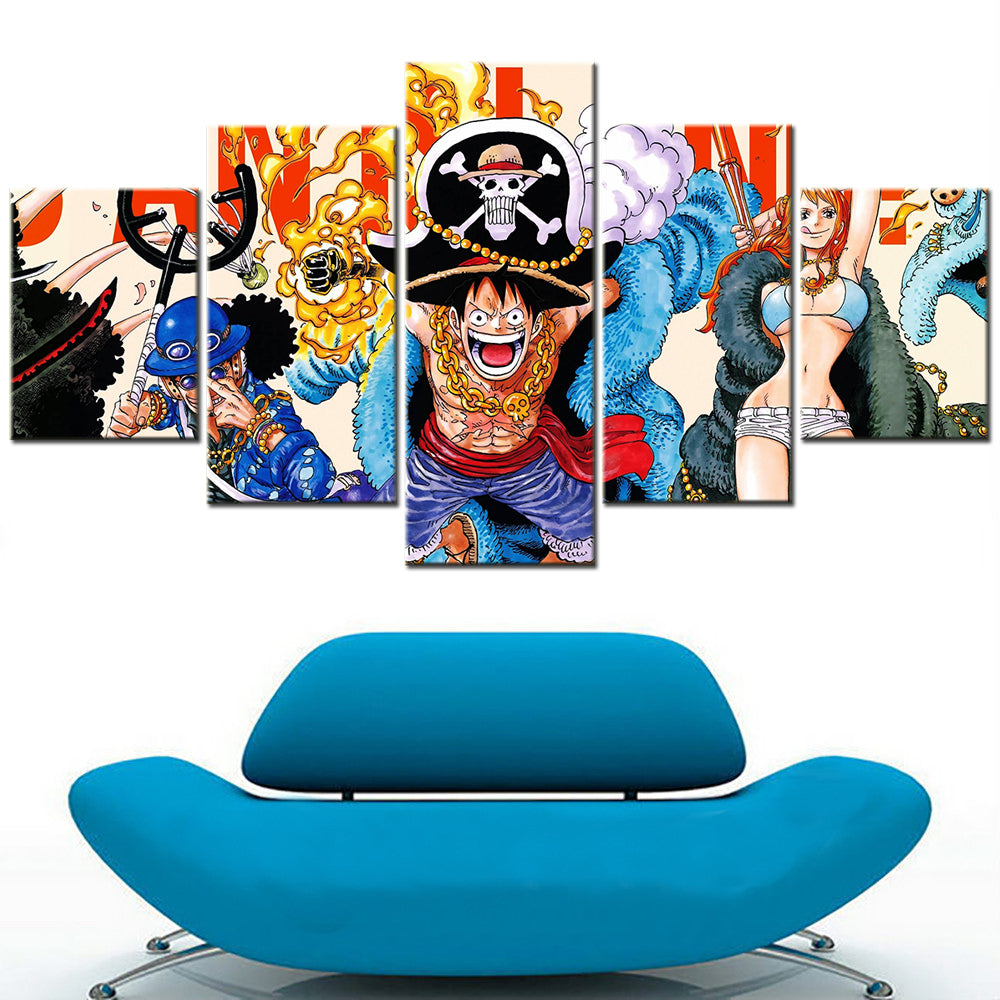 One Piece Canvas Wall Art - Monkey D. Luffy, Nami & Sabo  5 Piece Split Panel Anime Poster - Framed Ready to Hang Living Room & Man Cave Decor - OP5100