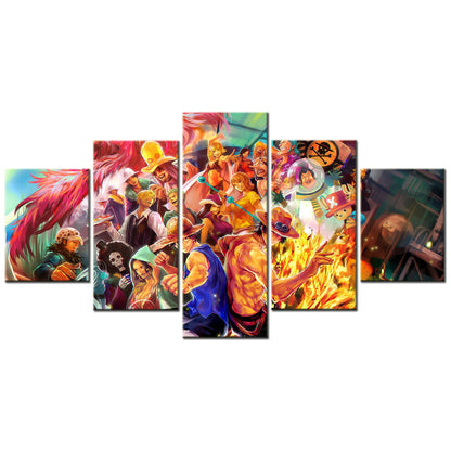 One Piece Canvas Wall Art - Luffy & Portgas D. Ace Fire Fist 5 Piece Split Panel Anime Poster - Framed Ready to Hang Living Room & Man Cave Decor - OP5101