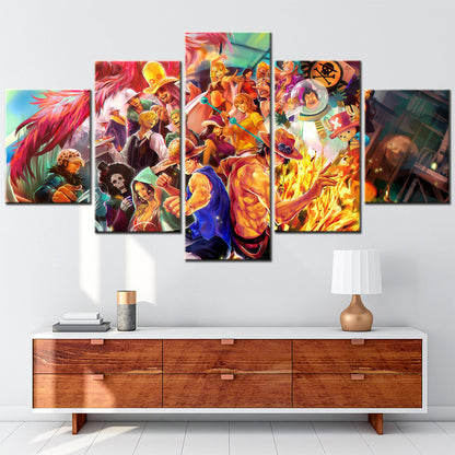 One Piece Canvas Wall Art - Luffy & Portgas D. Ace Fire Fist 5 Piece Split Panel Anime Poster - Framed Ready to Hang Living Room & Man Cave Decor - OP5101