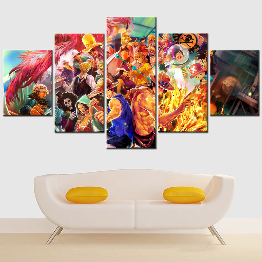 One Piece Canvas Wall Art - Luffy & Portgas D. Ace Fire Fist 5 Piece Split Panel Anime Poster - Framed Ready to Hang Living Room & Man Cave Decor - OP5101