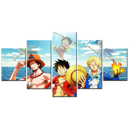 One Piece Canvas Wall Art - Luffy Ace Sabo Three Brothers 5 Piece Split Panel Anime Poster - Framed Ready to Hang Living Room & Man Cave Decor - OP5102