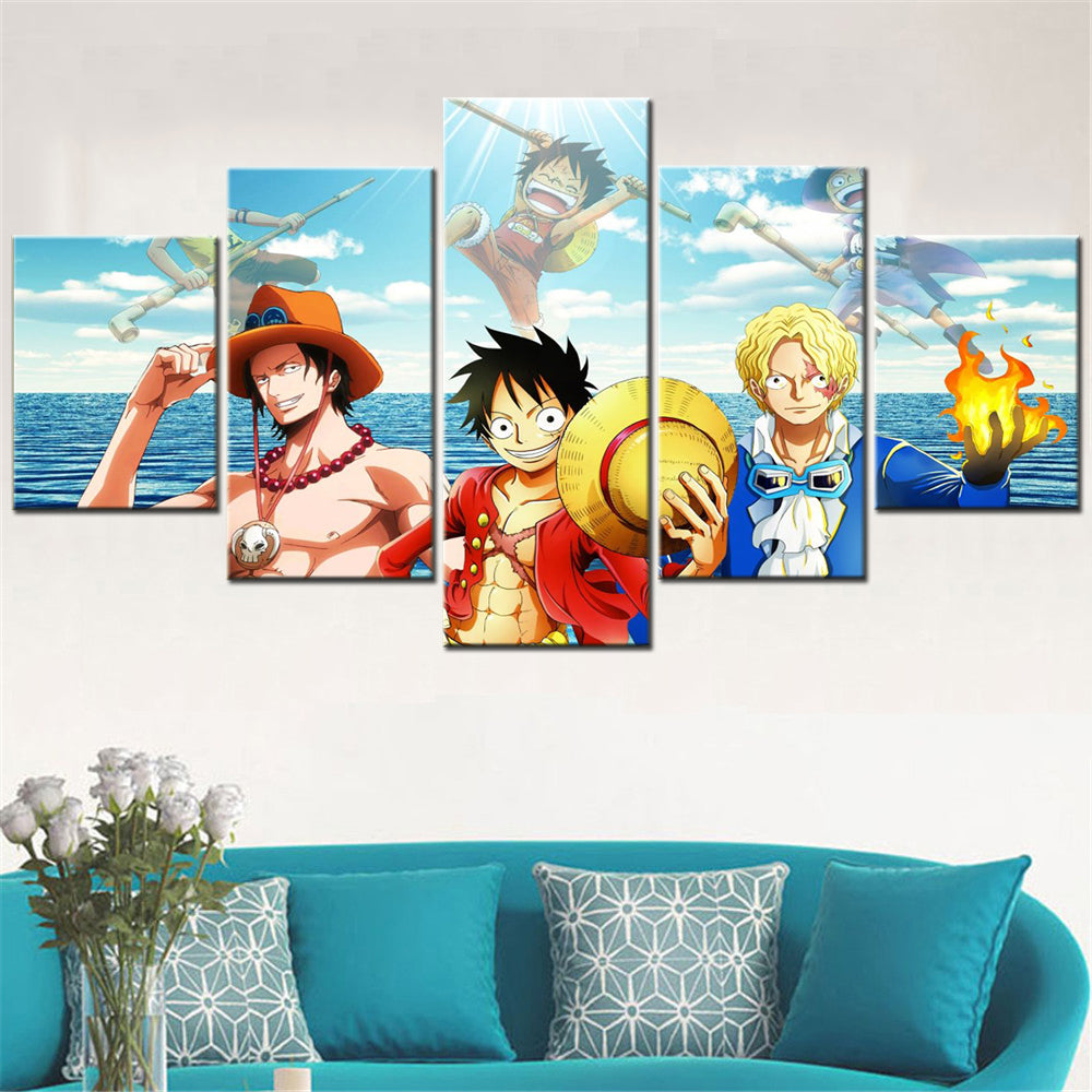 One Piece Canvas Wall Art - Luffy Ace Sabo Three Brothers 5 Piece Split Panel Anime Poster - Framed Ready to Hang Living Room & Man Cave Decor - OP5102