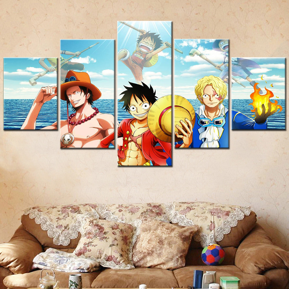 One Piece Canvas Wall Art - Luffy Ace Sabo Three Brothers 5 Piece Split Panel Anime Poster - Framed Ready to Hang Living Room & Man Cave Decor - OP5102
