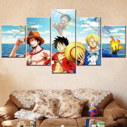 One Piece Canvas Wall Art - Luffy Ace Sabo Three Brothers 5 Piece Split Panel Anime Poster - Framed Ready to Hang Living Room & Man Cave Decor - OP5102