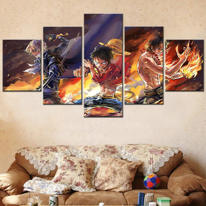 One Piece Canvas Wall Art - Luffy Ace Sabo Three Brothers 5 Piece Split Panel Anime Poster - Framed Ready to Hang Living Room & Man Cave Decor - OP5103