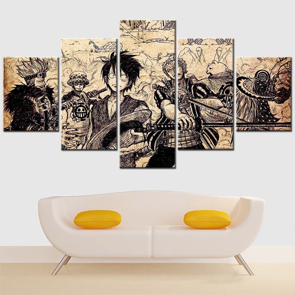 One Piece Canvas Wall Art - Luffy Zoro Law Eustass Kid 5 Piece Split Panel Anime Poster - Framed Ready to Hang Living Room & Man Cave Decor - OP5104