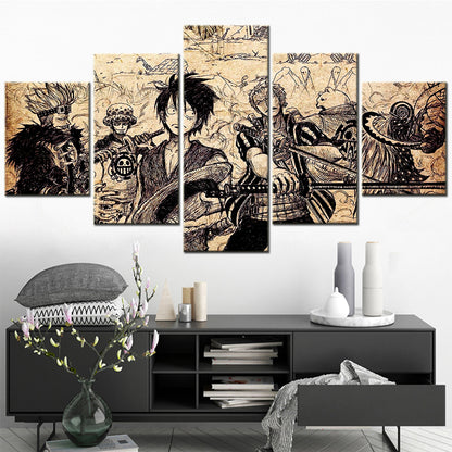One Piece Canvas Wall Art - Luffy Zoro Law Eustass Kid 5 Piece Split Panel Anime Poster - Framed Ready to Hang Living Room & Man Cave Decor - OP5104
