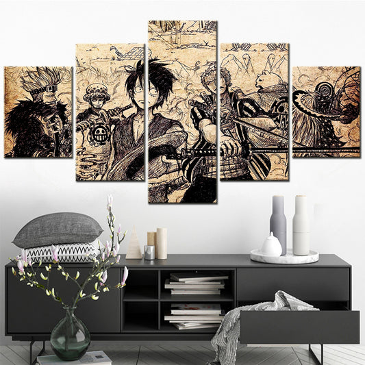 One Piece Canvas Wall Art - Luffy Zoro Law Eustass Kid 5 Piece Split Panel Anime Poster - Framed Ready to Hang Living Room & Man Cave Decor - OP5104