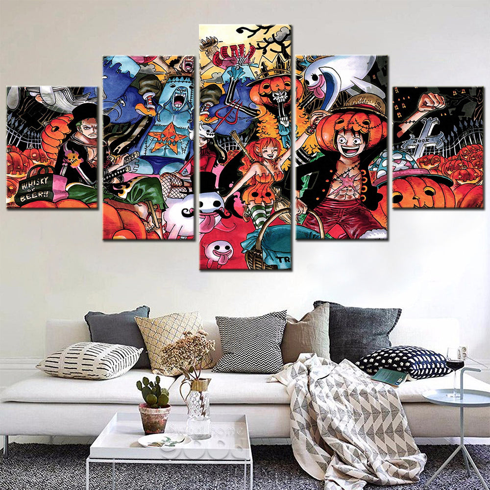 One Piece Canvas Wall Art - Halloween Luffy & Zoro 5 Piece Split Panel Anime Poster - Framed Ready to Hang Living Room & Man Cave Decor - OP5105