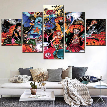 One Piece Canvas Wall Art - Halloween Luffy & Zoro 5 Piece Split Panel Anime Poster - Framed Ready to Hang Living Room & Man Cave Decor - OP5105