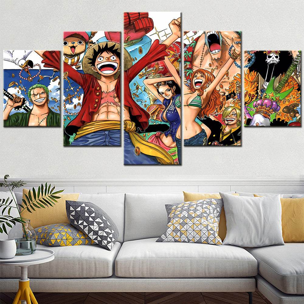 One Piece Canvas Wall Art - Luffy Zoro Nami Robin 5 Piece Split Panel Anime Poster - Framed Ready to Hang Living Room & Man Cave Decor - OP5106