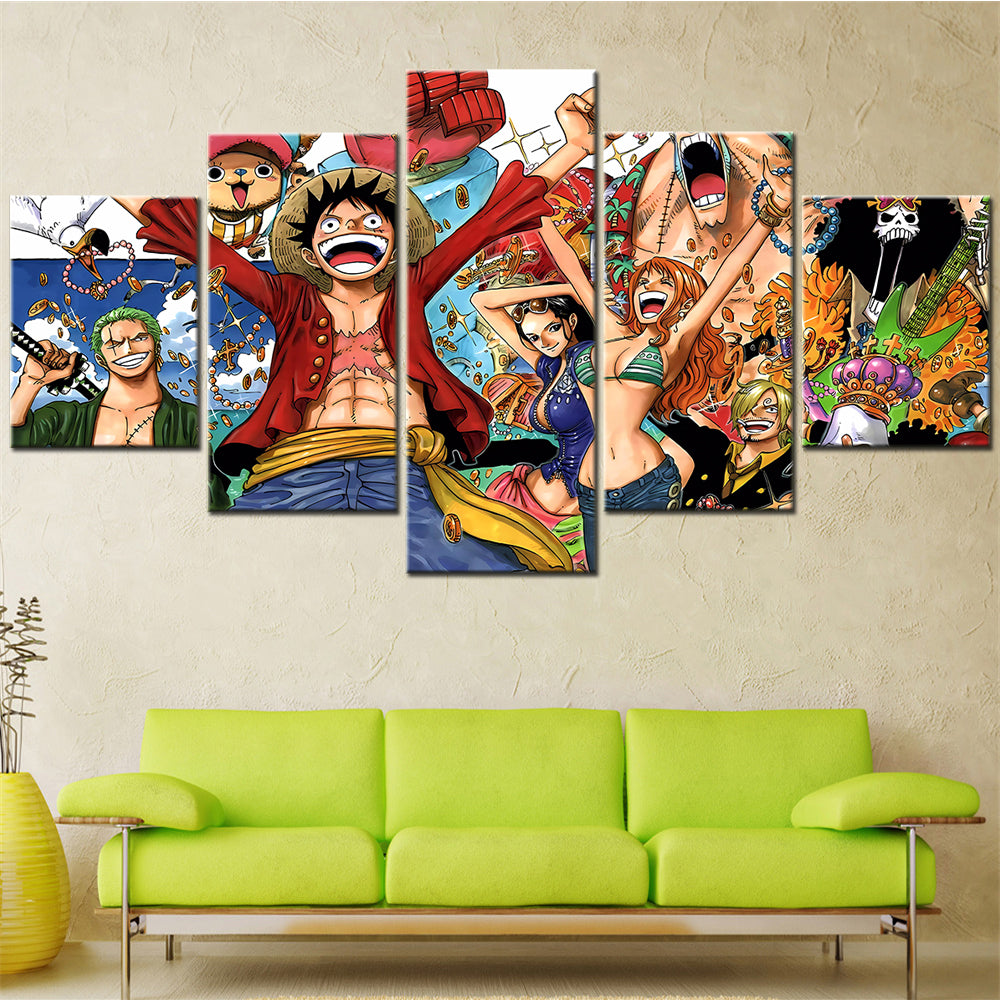 One Piece Canvas Wall Art - Luffy Zoro Nami Robin 5 Piece Split Panel Anime Poster - Framed Ready to Hang Living Room & Man Cave Decor - OP5106