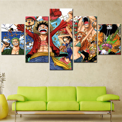 One Piece Canvas Wall Art - Luffy Zoro Nami Robin 5 Piece Split Panel Anime Poster - Framed Ready to Hang Living Room & Man Cave Decor - OP5106