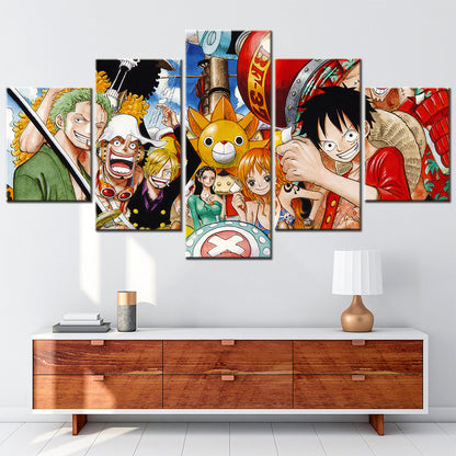 One Piece Canvas Wall Art - Luffy Zoro Sanji Straw Hat Crew 5 Piece Split Panel Anime Poster - Framed Ready to Hang Living Room & Man Cave Decor - OP5107