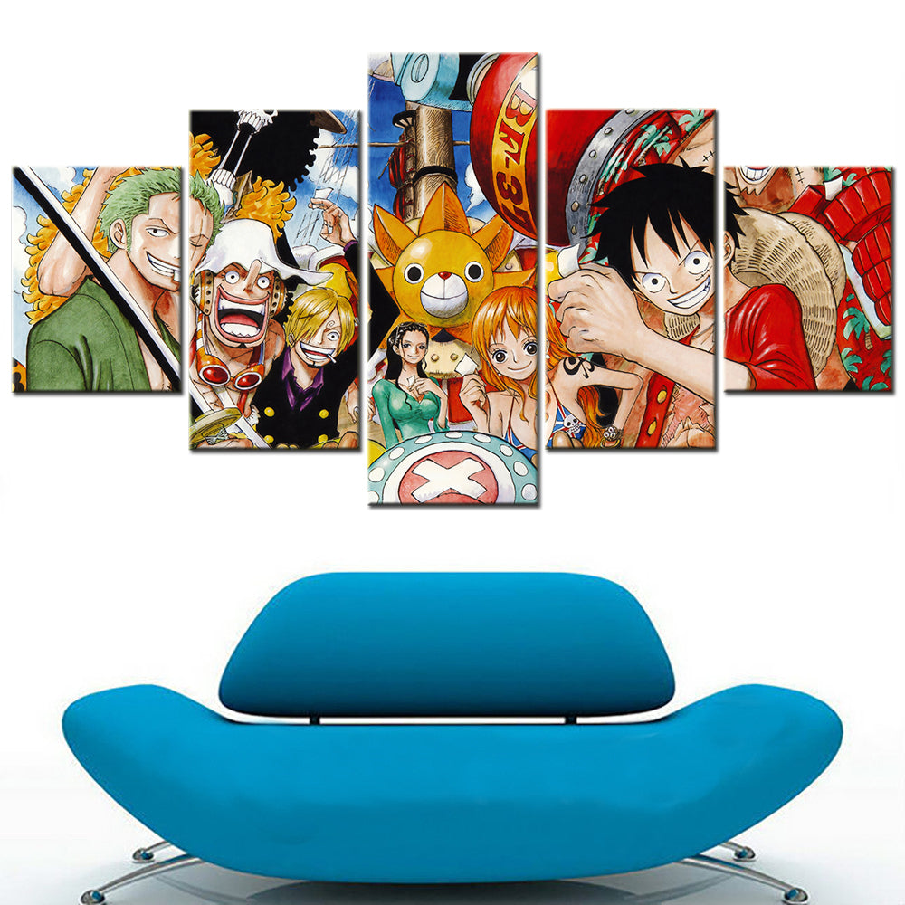 One Piece Canvas Wall Art - Luffy Zoro Sanji Straw Hat Crew 5 Piece Split Panel Anime Poster - Framed Ready to Hang Living Room & Man Cave Decor - OP5107