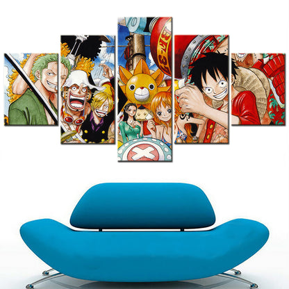 One Piece Canvas Wall Art - Luffy Zoro Sanji Straw Hat Crew 5 Piece Split Panel Anime Poster - Framed Ready to Hang Living Room & Man Cave Decor - OP5107
