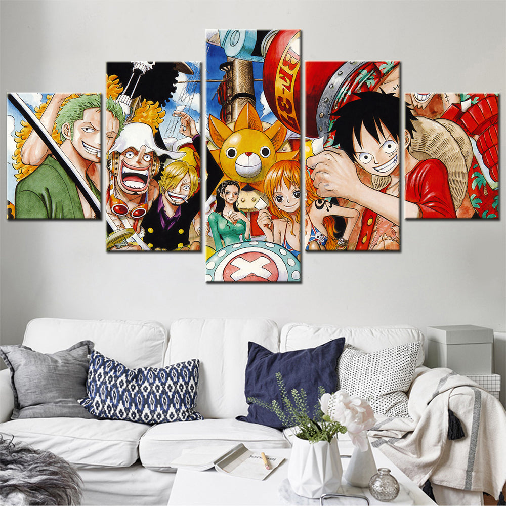 One Piece Canvas Wall Art - Luffy Zoro Sanji Straw Hat Crew 5 Piece Split Panel Anime Poster - Framed Ready to Hang Living Room & Man Cave Decor - OP5107