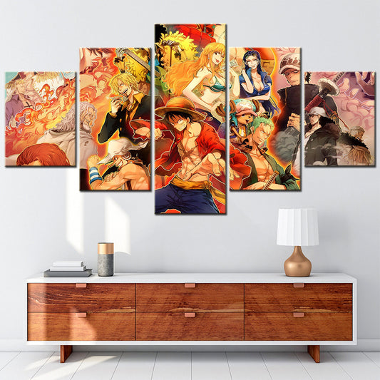One Piece Canvas Wall Art - Luffy Zoro Sanji Straw Hat Crew 5 Piece Split Panel Anime Poster - Framed Ready to Hang Living Room & Man Cave Decor - OP5108