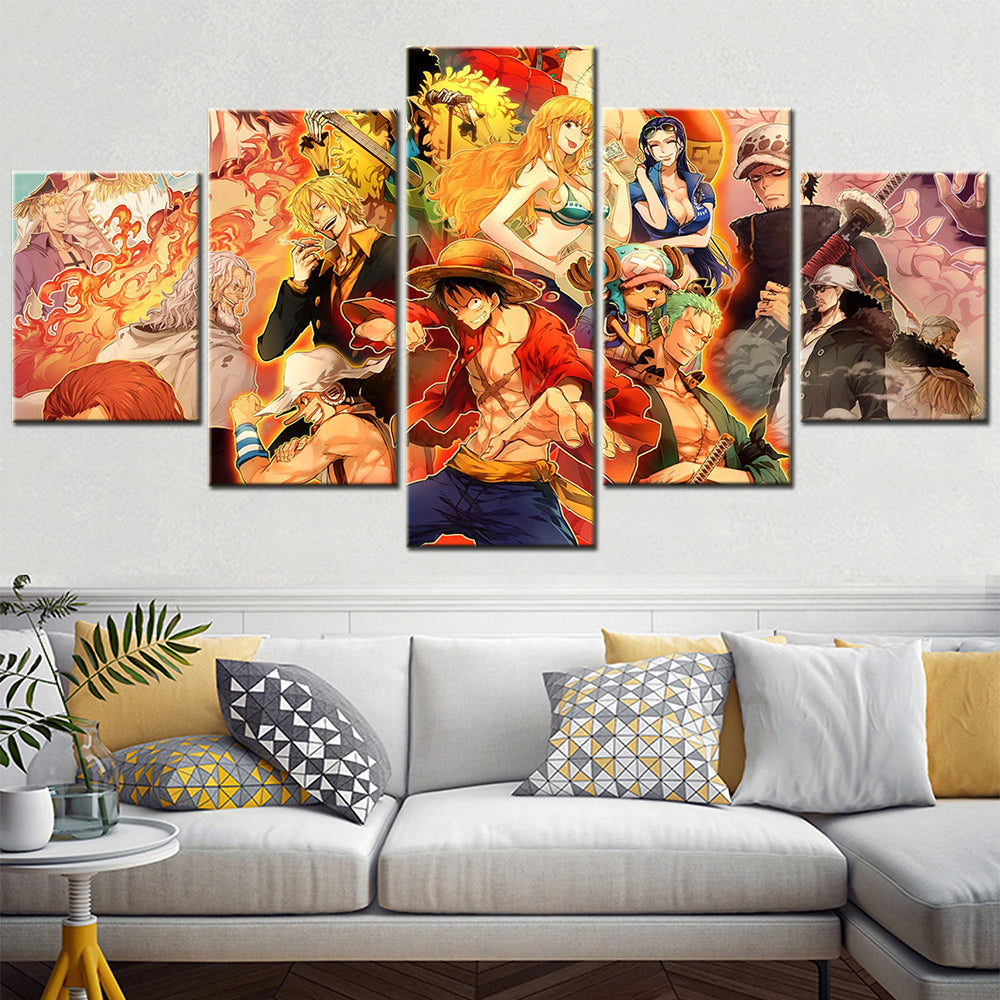 One Piece Canvas Wall Art - Luffy Zoro Sanji Straw Hat Crew 5 Piece Split Panel Anime Poster - Framed Ready to Hang Living Room & Man Cave Decor - OP5108