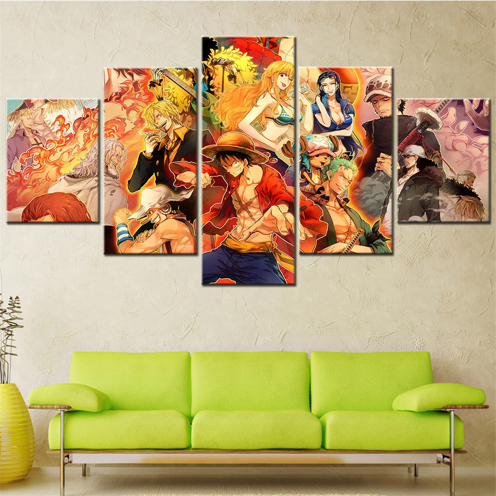 One Piece Canvas Wall Art - Luffy Zoro Sanji Straw Hat Crew 5 Piece Split Panel Anime Poster - Framed Ready to Hang Living Room & Man Cave Decor - OP5108