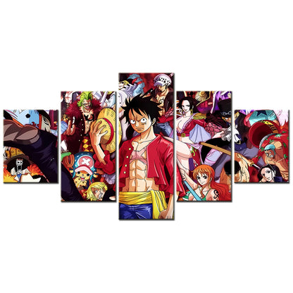 One Piece Canvas Wall Art - Luffy Zoro Sanji Straw Hat Crew 5 Piece Split Panel Anime Poster - Framed Ready to Hang Living Room & Man Cave Decor - OP5109