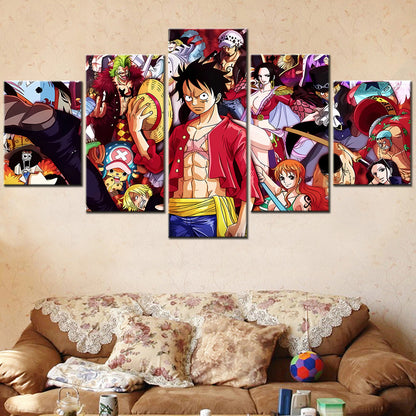 One Piece Canvas Wall Art - Luffy Zoro Sanji Straw Hat Crew 5 Piece Split Panel Anime Poster - Framed Ready to Hang Living Room & Man Cave Decor - OP5109