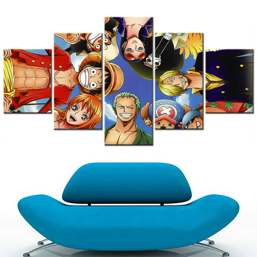 One Piece Canvas Wall Art - Luffy Zoro Sanji Straw Hat Crew 5 Piece Split Panel Anime Poster - Framed Ready to Hang Living Room & Man Cave Decor - OP5110