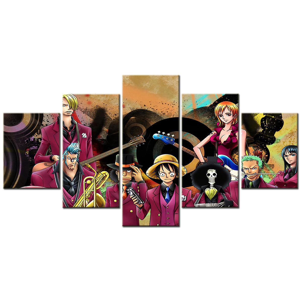 One Piece Canvas Wall Art - Luffy Zoro Sanji Straw Hat Crew 5 Piece Split Panel Anime Poster - Framed Ready to Hang Living Room & Man Cave Decor - OP5111