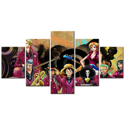 One Piece Canvas Wall Art - Luffy Zoro Sanji Straw Hat Crew 5 Piece Split Panel Anime Poster - Framed Ready to Hang Living Room & Man Cave Decor - OP5111